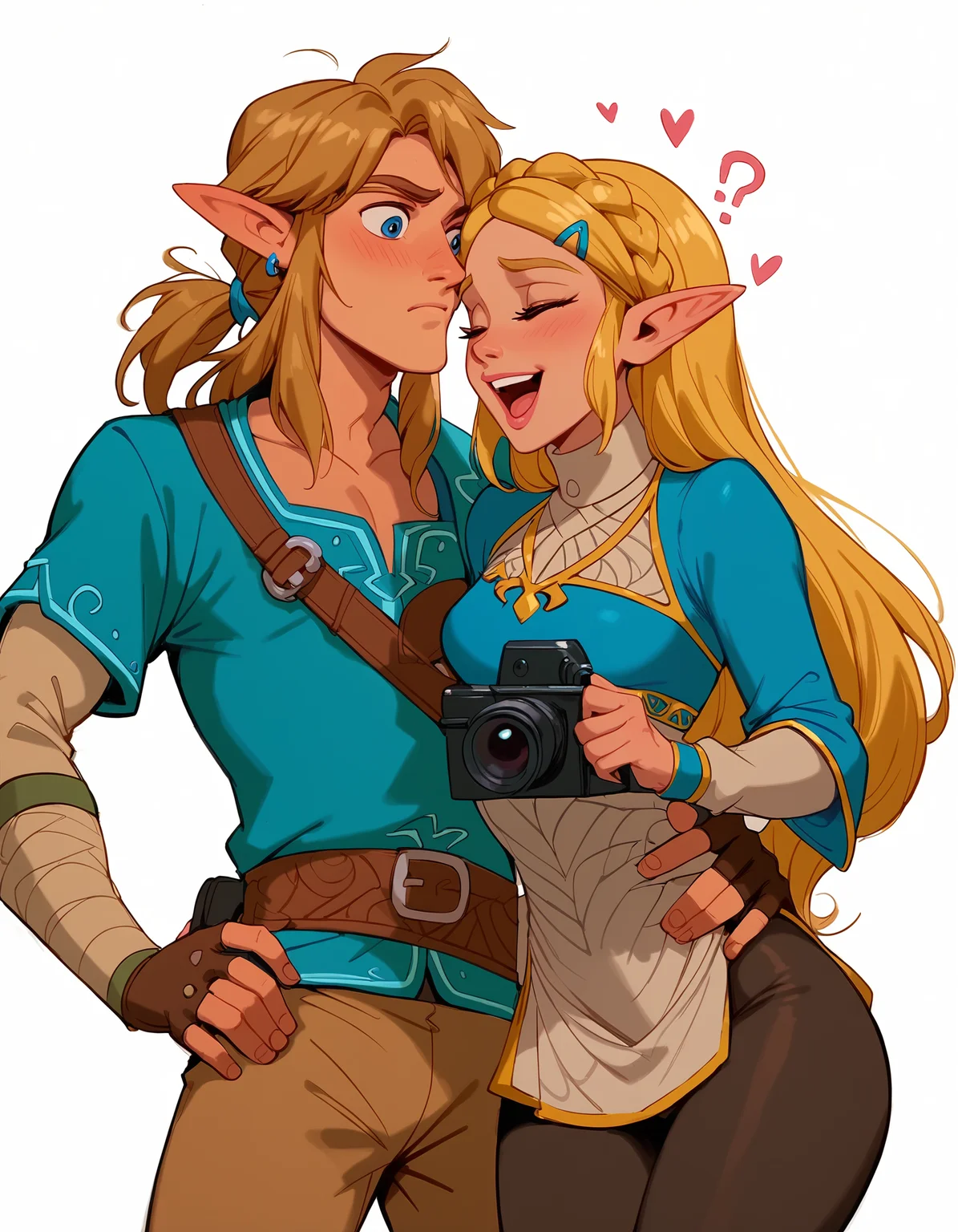 <lora:Disney_Style:.9> <lora:princess_xl_v2:.75> <lora:add-detail-xl:.9> <lora:g0th1cPXL:.3> <lora:Cherry-Gig:.45> <lora:Expressive_H:1> <lora:PLASTT_PonyV6:1> score_9, score_8_up, score_7_up, zPDXL, DisneyRenstyle, score_9,score_8_up,score_7_up,score_6_up, score_9, score_8_up, score_7_up, 1 girl, 1 guy, couple, Princess Zelda, Link, BOTW, Breath of the Wild outfit, elf ears, pointy ears, white background, plain background, ambient lighting, standing, blue tunic,
couple, 1 girl, princess zelda, intricate hair, messy side braid, excited expression, laughing, small breasts, wide eyes, narrow hips, petite, skinny, slender, standing, (breath of the wild outfit, blue tunic, black leggings), wide eyes, (holding camera, both hands holding camera),
couple, 1 guy, Link, elf, pointy ears, (Breath of the Wild outfit, blue tunic, brown trousers), fit, athletic, confused expression, question marks, mouth closed, wide eyes, (one hand on hip, one hand behind head),
