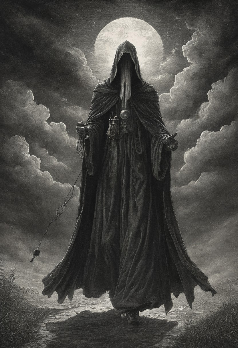Misty morning, clouds in the sky
Without warning, a wizard walks by
Casting his shadow, weaving his spell
Long grey cloak, tinkling bell
partially covered in shadow, engraving
Mysterious. Dark. Night. Ominous. Highly detailed.