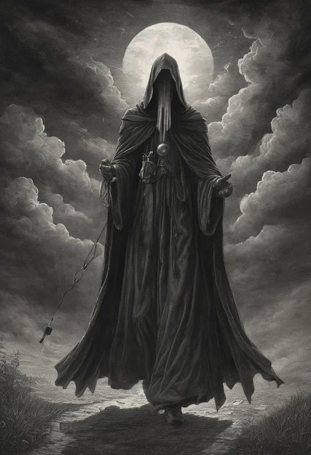 Misty morning, clouds in the sky
Without warning, a wizard walks by
Casting his shadow, weaving his spell
Long grey cloak, tinkling bell
partially covered in shadow, engraving
Mysterious. Dark. Night. Ominous. Highly detailed.