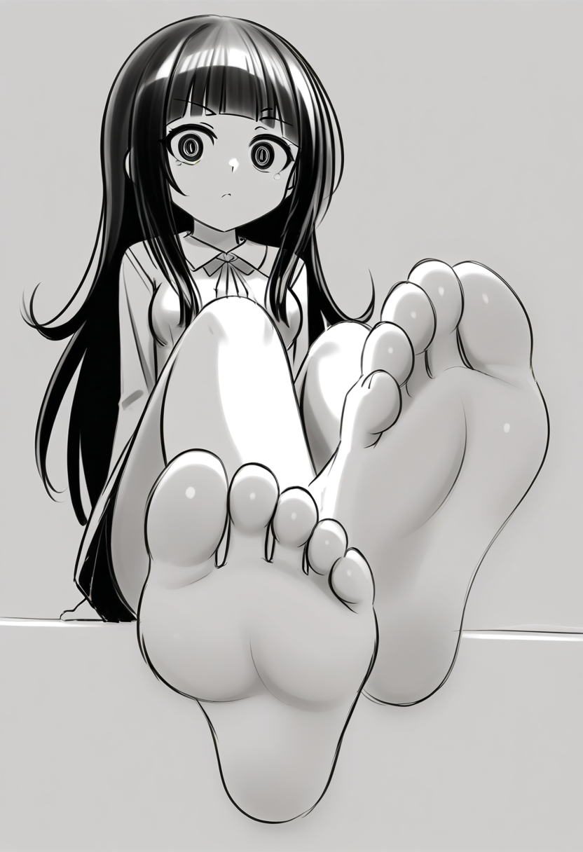 <lora:sketchart:1> sketchart
1girl, solo, long hair, blunt bangs, oval face, wide oval eyes, 
 <lora:bestfootposition:0.6> bestfootpose, barefoot, toes