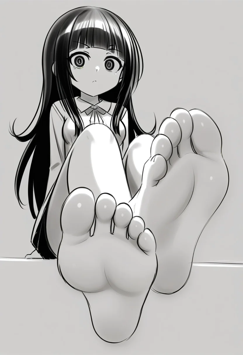 <lora:sketchart:1> sketchart
1girl, solo, long hair, blunt bangs, oval face, wide oval eyes,
<lora:bestfootposition:0.6> bestfootpose, barefoot, toes