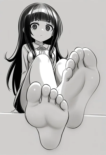 <lora:sketchart:1> sketchart
1girl, solo, long hair, blunt bangs, oval face, wide oval eyes,
<lora:bestfootposition:0.6> bestfootpose, barefoot, toes