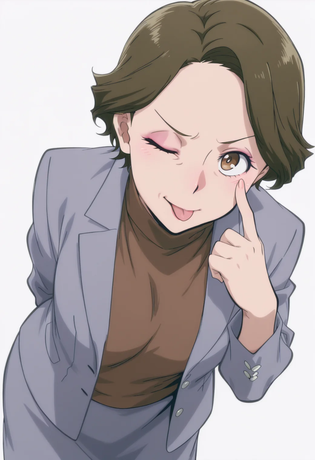 anime screencap, anime coloring, <lora:DX888Shoko:1> haimawari shoko, brown eyes, brown hair, short hair, makeup, mature female, wrinkled skin,
grey blazer, turtleneck sweater, brown sweater, grey skirt BREAK simple background, white background, BREAK 1girl, ;p, akanbe, arms behind back, blush, breasts, cowboy shot, (eyelid pull:1.3), looking at viewer, one eye closed, solo, tongue out, from above, dutch angle, leaning forward,
