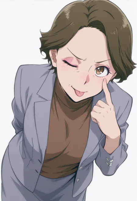 anime screencap, anime coloring,    <lora:DX888Shoko:1>  haimawari shoko, brown eyes, brown hair, short hair, makeup, mature female, wrinkled skin, 
grey blazer, turtleneck sweater, brown sweater, grey skirt BREAK simple background,  white background, BREAK  1girl, ;p, akanbe, arms behind back,  blush, breasts, cowboy shot,  (eyelid pull:1.3), looking at viewer,  one eye closed, solo, tongue out,  from above, dutch angle, leaning forward,