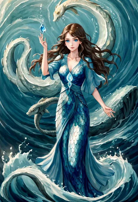 1girl, young water mage, water magic, blue flowing long dress made of fish scales, blue eyes, long wavy brown hair, casting water spell, sea serpent, (watercolor painting:1.3)
