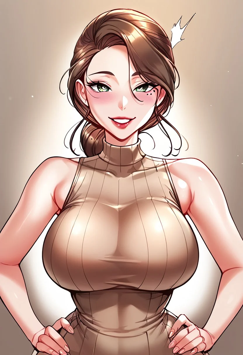 score_9, score_8_up, score_7_up, score_6_up, source_anime, BREAK, 1girl, solo, (( <lora:nurse_(grand_disciple):1> , nurse_(grand_disciple), piercing green eyes, clear eyes, bright pupils, beautiful eyes, beautiful chestnut-brown hair, beautiful low-bun hairstyle, thin waist, wide hips, beautiful skin, huge and shaggy breasts, natural beauty, extraordinary beautiful woman, attractive woman, super sexy woman, lustful body, sexy woman with seductive obscene body, sensual body, voluptuous body, sexy beauty, 1 mole under left eye, )) , ((sexy sleeveless high-neck pleated beige dress, )) , sexy pose, cowboy shot, smile, sexy, hands on hips, perfect hand, 5 finger,