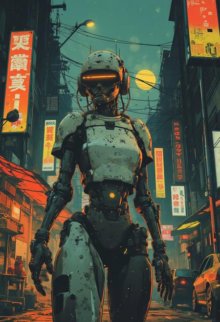 detailed cyberpunk anime image, masterpiece, battle robot, white ceramic armor, reflective faceplate, glowing circuitry, robot joints and cables, cyberpunk street, neon signs, lcd advertsing screens, night, bokeh, masterpiece, perfect composition