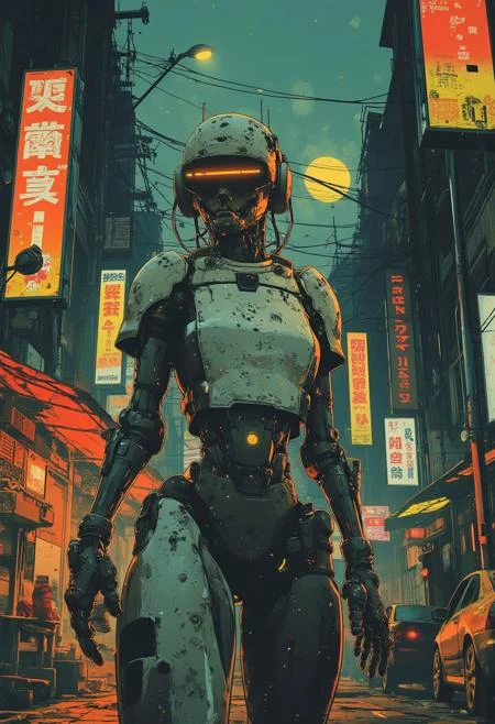 detailed cyberpunk anime image, masterpiece, battle robot, white ceramic armor, reflective faceplate, glowing circuitry, robot joints and cables, cyberpunk street, neon signs, lcd advertsing screens, night, bokeh, masterpiece, perfect composition