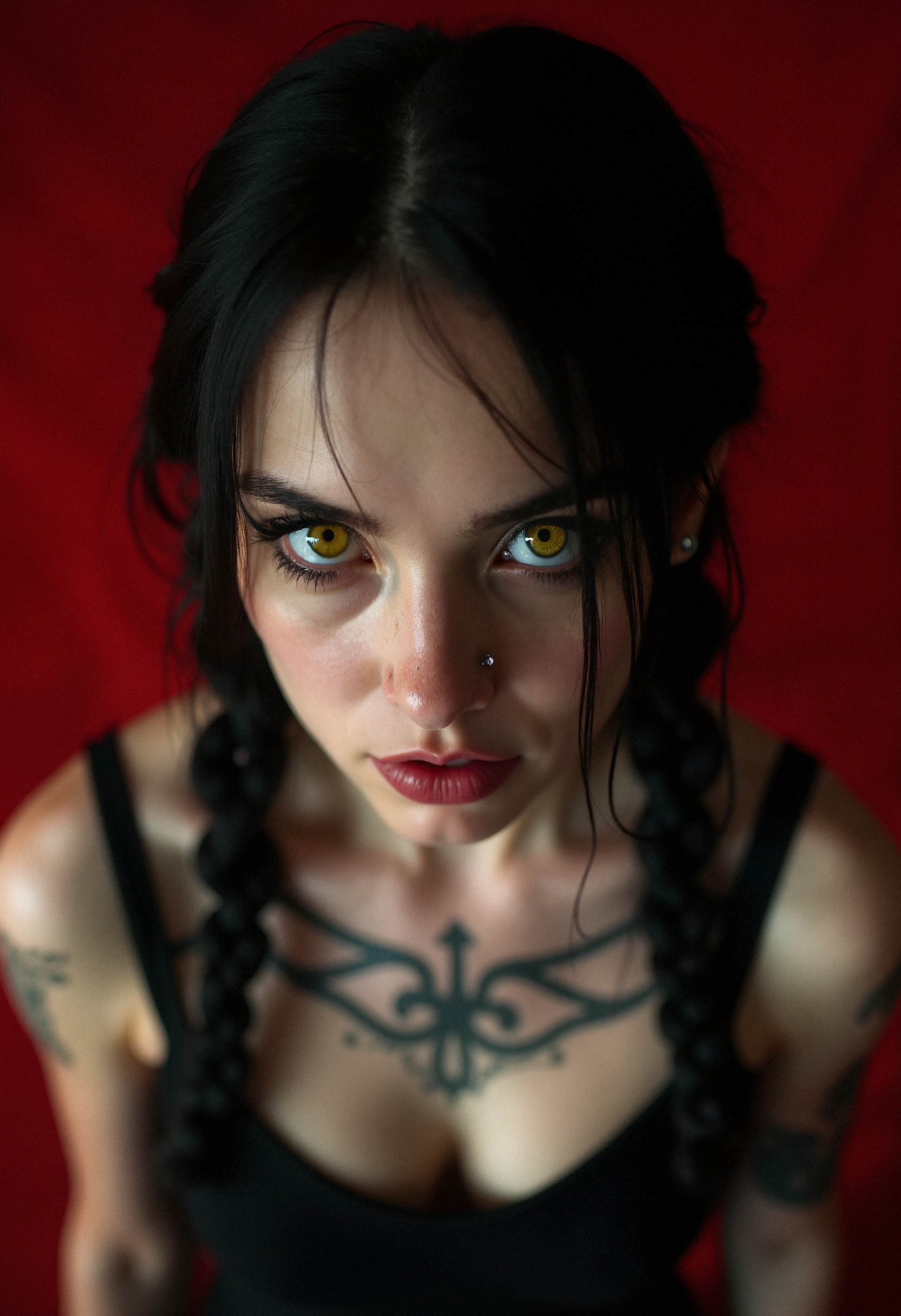 A close-up, cinematic portrait of a young woman with a gothic aesthetic, seen from a high angle, with her looking intensely upward at the viewer. She has pale skin, large, piercing yellow eyes with cat-like irises, and black makeup accentuating her eyes, giving her a mysterious and slightly menacing look. Her black hair is styled into two long braids that rest on her shoulders. She has a slender build and is dressed in a tight, black, sleeveless top, with visible black tattoo designs on her arms. She also has lip piercingsâtwo studs beneath her lower lip. The background is a deep, crimson red that contrasts sharply with her pale complexion, adding to the dark and edgy atmosphere of the image. The lighting is soft but focused, highlighting her facial features and creating a dramatic shadow effect, enhancing the overall gothic and intense mood. The entire composition is hyper-realistic, capturing every detail with precision.