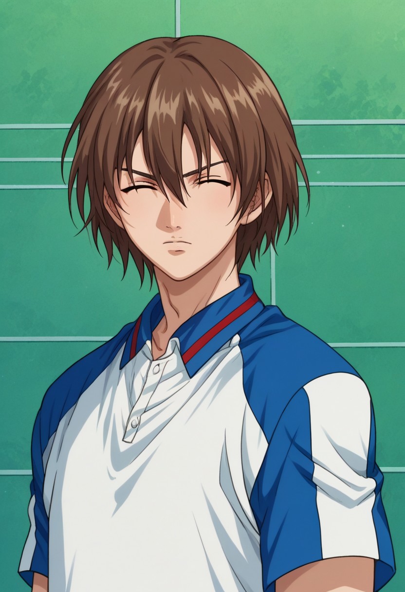 score_9, score_8_up, score_7_up, source_anime, highly detailed, 
shusuke, 1boy, male focus, solo, brown hair, hair between eyes, closed eyes, tennis uniform, white shirt, blue shirt, short sleeves, shorts, white shorts, upper body, looking at viewer, serious
outdoor