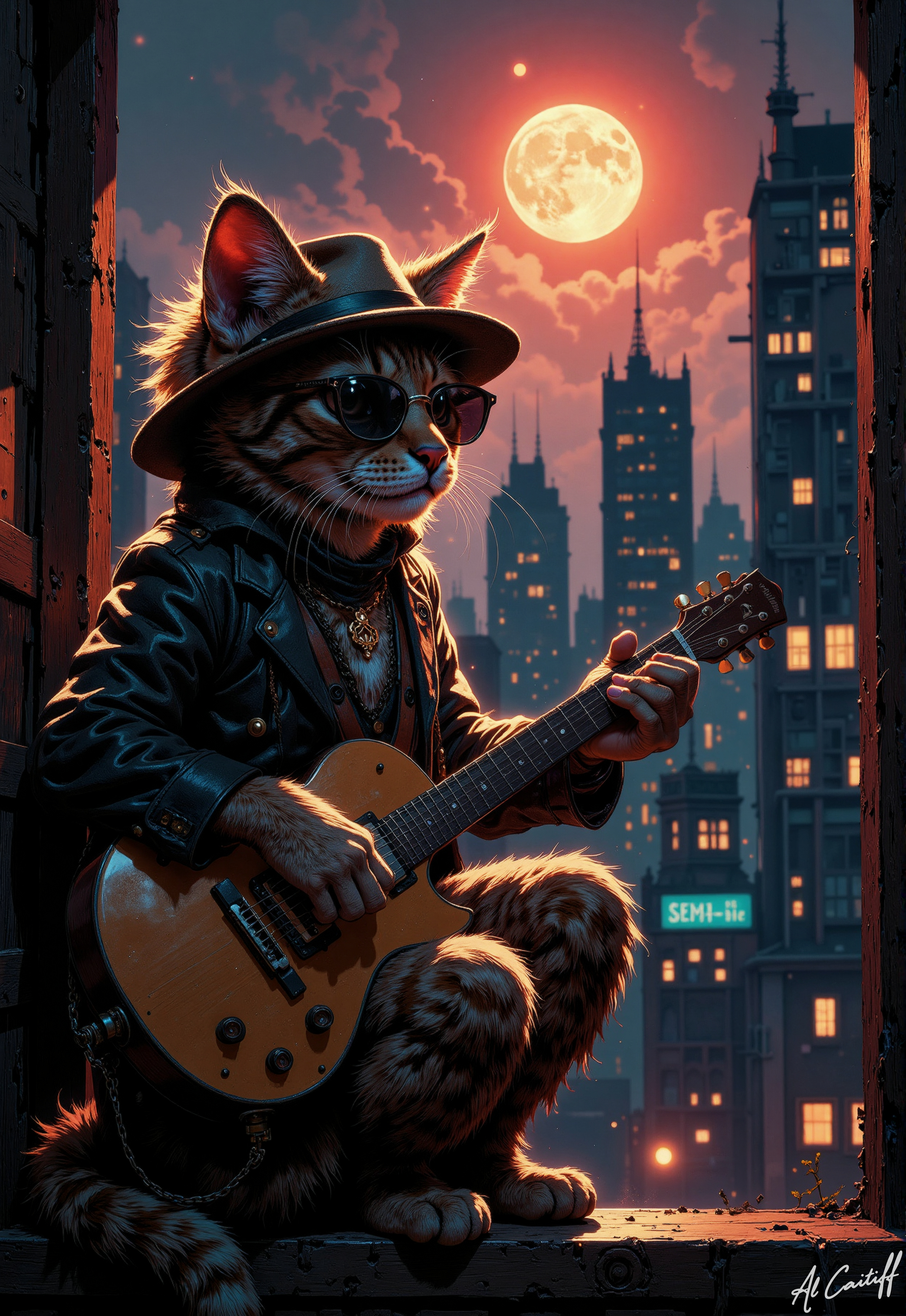High-angle shot, 35mm telephoto lens with slight barrel distortion, no motion blur, deep f/4.5 depth of field. A cat with an afro and sunglasses sits on a windowsill, wearing a fedora and holding a guitar. It's strumming a few notes, its tail swishing back and forth. Urban cityscape at night, illuminated by a bright red full moon, casting a warm orange glow over the skyscrapers. The moon's light is diffused through a haze of fog, creating a mystical atmosphere., CreeepyCuteMagic<lora:Flux/creeepycutemagic-000012 - version ER.safetensors:0.5000000000000001:0.5000000000000001> <lora:CustomFlux/MysticComic-v2.safetensors:0.5000000000000001:0.5000000000000001>