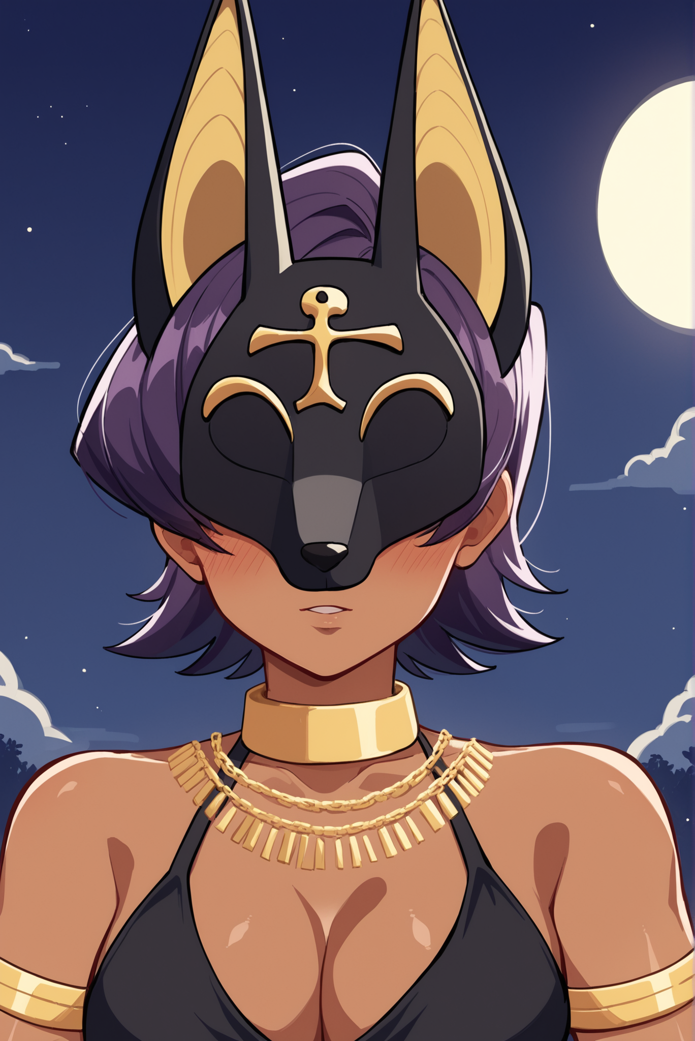 score_9, score_8_up, score_7_up, source_anime BREAK 1girl, solo, Komi Shuuko, purple hair, short hair, blush, parted lips, tanned skin, gold collar, gold chain, medium breasts, perky breasts, cleavage, seductive, temptress, anubis mask, mask, Egyptian, <lora:Anubis_mask:1>, eyes covered by mask, night, clouds, moon, soft glow, upper body, close up, salute, rating_questionable