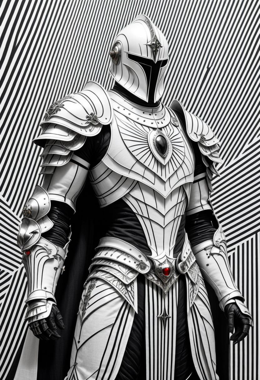 White and black lines By Bw-grignani, Made of bold lines, Shiny emphasis lines rough linen knightess with Lots of Details, hellgate London themed, high Quality, intricate, maximum resolution, hyper detailed, vertical lines, horizontal lines,