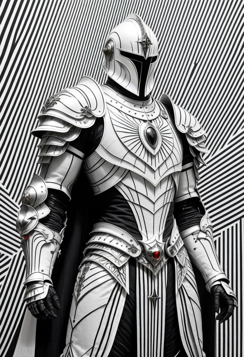 White and black lines By Bw-grignani, Made of bold lines, Shiny emphasis lines rough linen knightess with Lots of Details, hellgate London themed, high Quality, intricate, maximum resolution, hyper detailed, vertical lines, horizontal lines,