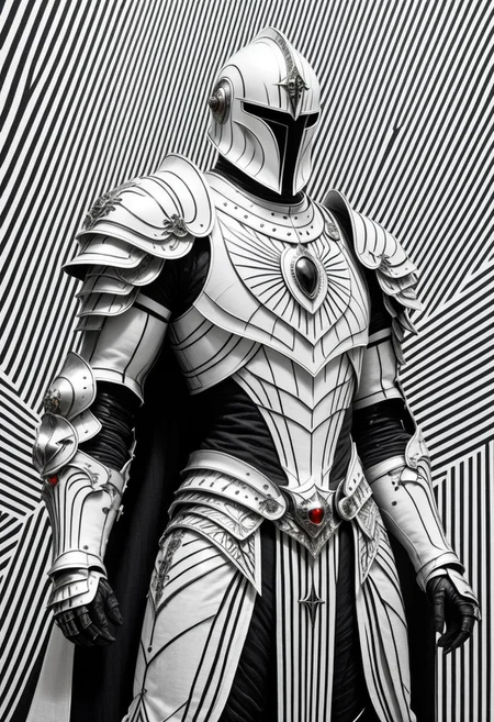 White and black lines By Bw-grignani, Made of bold lines, Shiny emphasis lines rough linen knightess with Lots of Details, hellgate London themed, high Quality, intricate, maximum resolution, hyper detailed, vertical lines, horizontal lines,