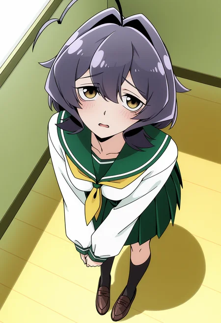 <lora:Hiiragi Utena_illustrious-000028:1>,
Hiiragi Utena,yellow neckerchief,hair intakes,ahoge,brown footwear,green sailor collar,loafers,white shirt,pleated skirt,green skirt,
solo,open mouth,from_above,looking up,standing,leaning forward,shy
