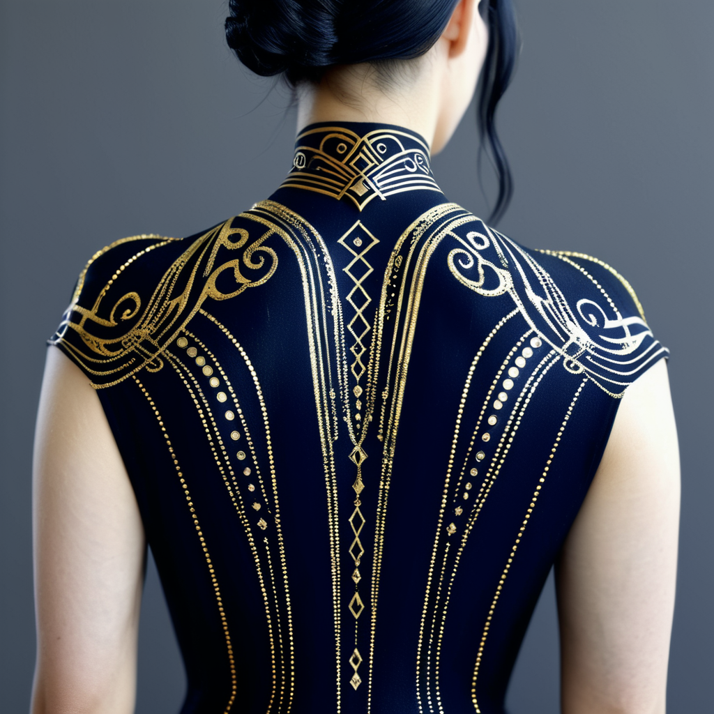 masterpiece,high resolution,
 ,<lora:art_deco-v4-xl-8:0.8>,
,art deco,artdeco_v4,3d,back,,tattoo,black and gold