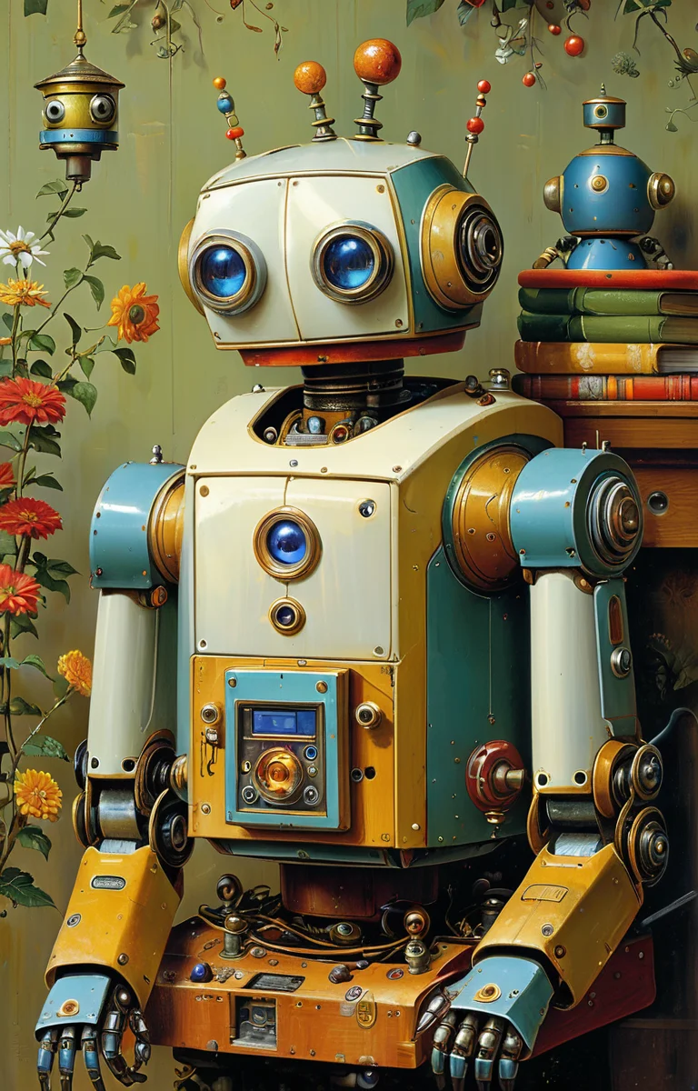 masterpiece,best quality,<lora:tbh330-sdxl:0.6>,illustration,style of James C. Christensen portrait of Housework robots