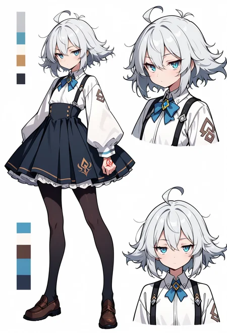 fantasy, anime, highres, hi res, best quality, masterpiece, intricate details, absurdres, 4k,
<lora:CharacterDesignIllustrious_Concept:0.8> CharacterDesignIllustrious, reference sheet, simple white background, (color guide:1.2), (multiple views), (full body), dynamic pose,
1girl, blue eyes, silver hair, messy hair, flipped hair, flat chest, ahoge, bangs, hair between eyes, blue bowtie, collared shirt, dress shirt, long sleeves, suspender skirt, high-waist skirt, pleated skirt, pantyhose, tsurime, jitome, medium hair, short hair, command spell, chaldea uniform, petticoat, slit pupils,