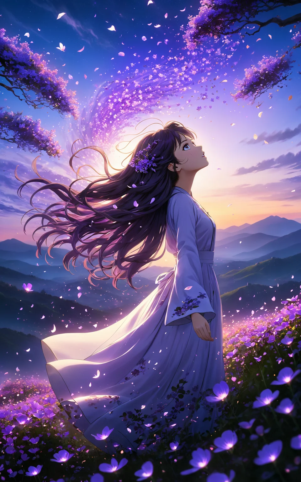 3D anime art, young woman on a hill covered in luminescent purple flowers, wind blowing through her hair, petals floating around, magical twilight setting, intricate details, glowing elements, vibrant and serene, high resolution