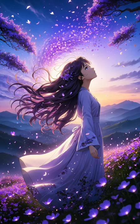 3D anime art, young woman on a hill covered in luminescent purple flowers, wind blowing through her hair, petals floating around, magical twilight setting, intricate details, glowing elements, vibrant and serene, high resolution