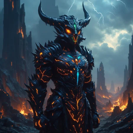 A hyper-realistic, cinematic image of a formidable, otherworldly warrior, clad in dark, jagged armor that glistens with a metallic sheen, etched with glowing fissures of fiery orange and icy blue energy. The warrior’s dragon skull-like helmet, adorned with sharp horns and intricate engravings, emanates an ominous glow from its deep-set, burning eyes and a mouth filled with molten light. Its armor is a masterwork of dark metal, intricately detailed with sharp edges and overlapping plates, giving it a fearsome, impenetrable appearance.
The background reveals a desolate, war-torn landscape, shrouded in darkness and lit by the smoldering remains of ancient, colossal structures. Flames flicker amidst the rubble, casting eerie shadows that dance across the battlefield. In the distance, storm clouds swirl ominously, illuminated by occasional flashes of lightning, as if the very sky is tearing apart. The air is thick with ash and smoke, while faint embers drift across the scene, adding to the apocalyptic atmosphere. The overall scene is one of dark power and impending doom, as if this warrior is the harbinger of a cataclysmic event, standing as the last bastion of destruction and chaos.