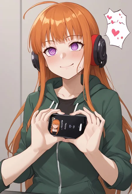 Futaba hypnotized,
score_9, source anime, lewd, 1girl,
mind control, (hypnotized), spiral eyes, expressionless, slightly drooling, happy trance,
boobheart, heart hands Press own breast, (mind control phone app), looking at phone, pov, pov holding phone,
futaba sakura, orange hair, long hair, purple eyes, ahoge, behind-the-head headphones, green jacket,