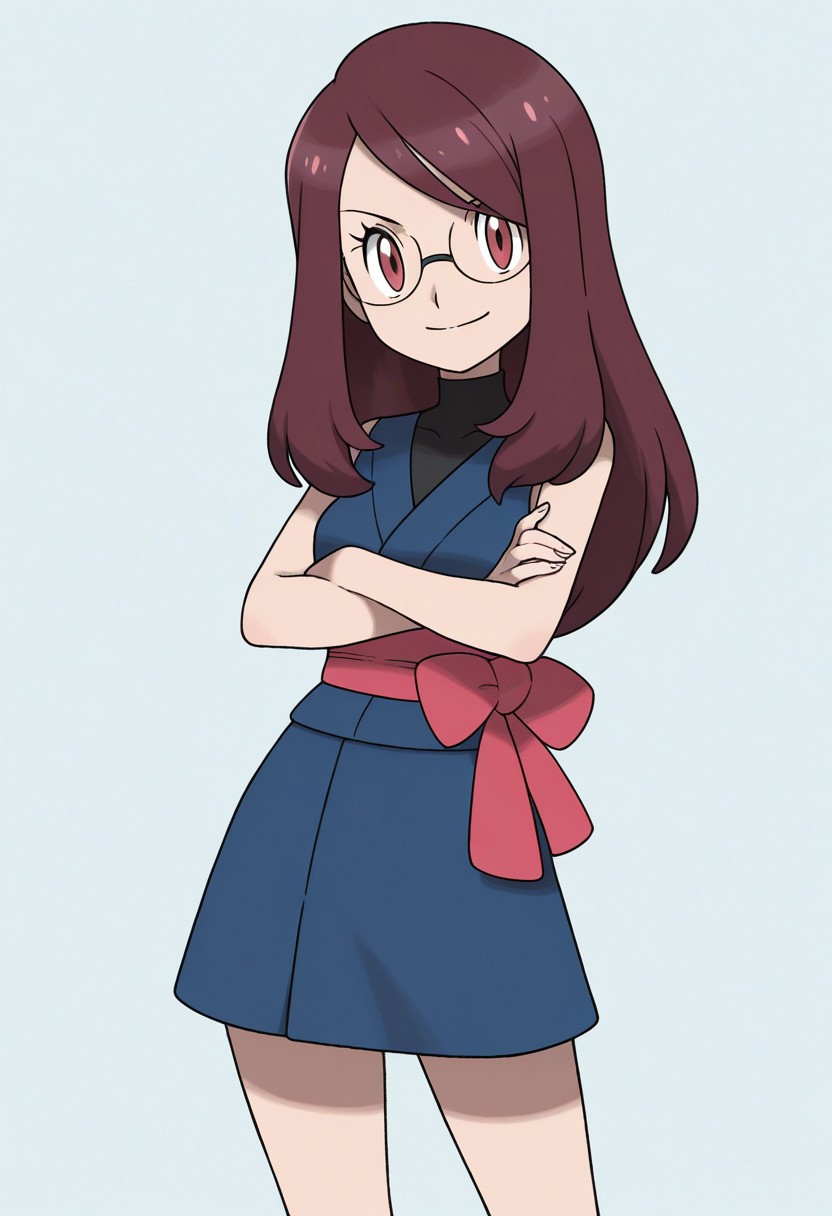 sugimori ken, pokemon, official art, 
best quality, masterpiece, amazing quality, very aesthetic, absurdres, 
1girl, solo, 
trainerrissy, 
yukata, dark blue sleeveless dress, black turtleneck, short skirt, layered clothing, pink obi sash, 
crossed arms, looking at viewer, smile, 
simple background