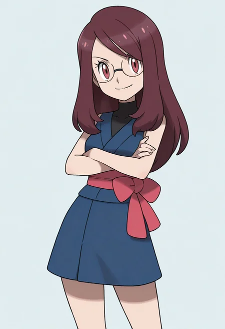 sugimori ken, pokemon, official art, 
best quality, masterpiece, amazing quality, very aesthetic, absurdres, 
1girl, solo, 
trainerrissy, 
yukata, dark blue sleeveless dress, black turtleneck, short skirt, layered clothing, pink obi sash, 
crossed arms, looking at viewer, smile, 
simple background