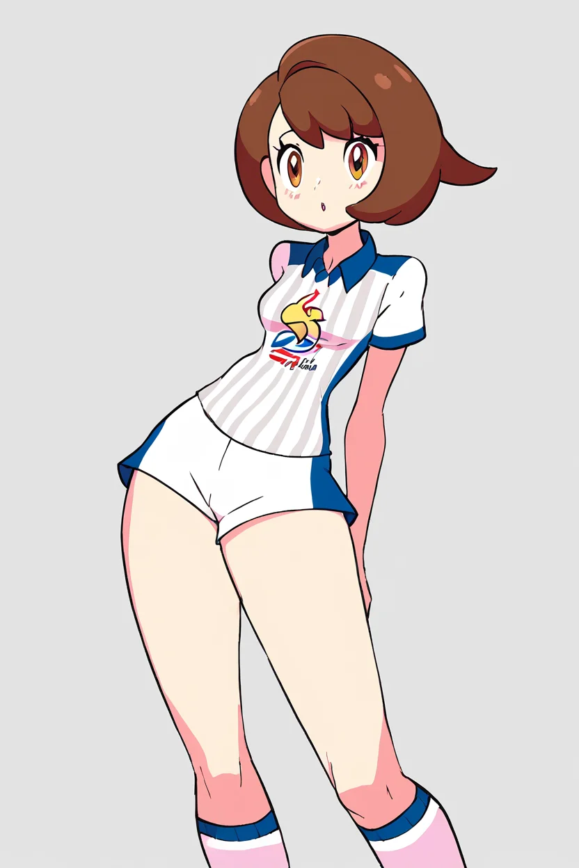 score_9, score_8_up, score_8, medium breasts, cute, eyelashes, gloria (pokemon), gloriaUniform, collared shirt, white socks, white shorts, short shorts, kneehighs, striped shirt, print shirt, vertical stripes, <lora:Gloria_Pokemon_P1:0.8>, <lora:Diives_P1:1>,