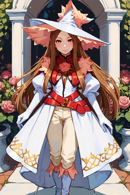 (score_9, score_8_up, score_7_up, score_6_up), source anime, BREAK, <lora:Rosary_Esmeralda_Yggdra_Union_Well_Never_Fight_Alone__Dept._Heaven:0.65>, RosaDef, brown hair, long hair, red eyes, white witch hat, white dress, red belt, juliet sleeves, gloves, white boots, rose, large breasts, smile, closed mouth, cowboy shot, realistic background, garden, courtyard, outside, <lora:zy_Detailed_Backgrounds_v1:0.5> , detailed background, highly detailed, <lora:wasabi_pony:0.8> , inzaniak,