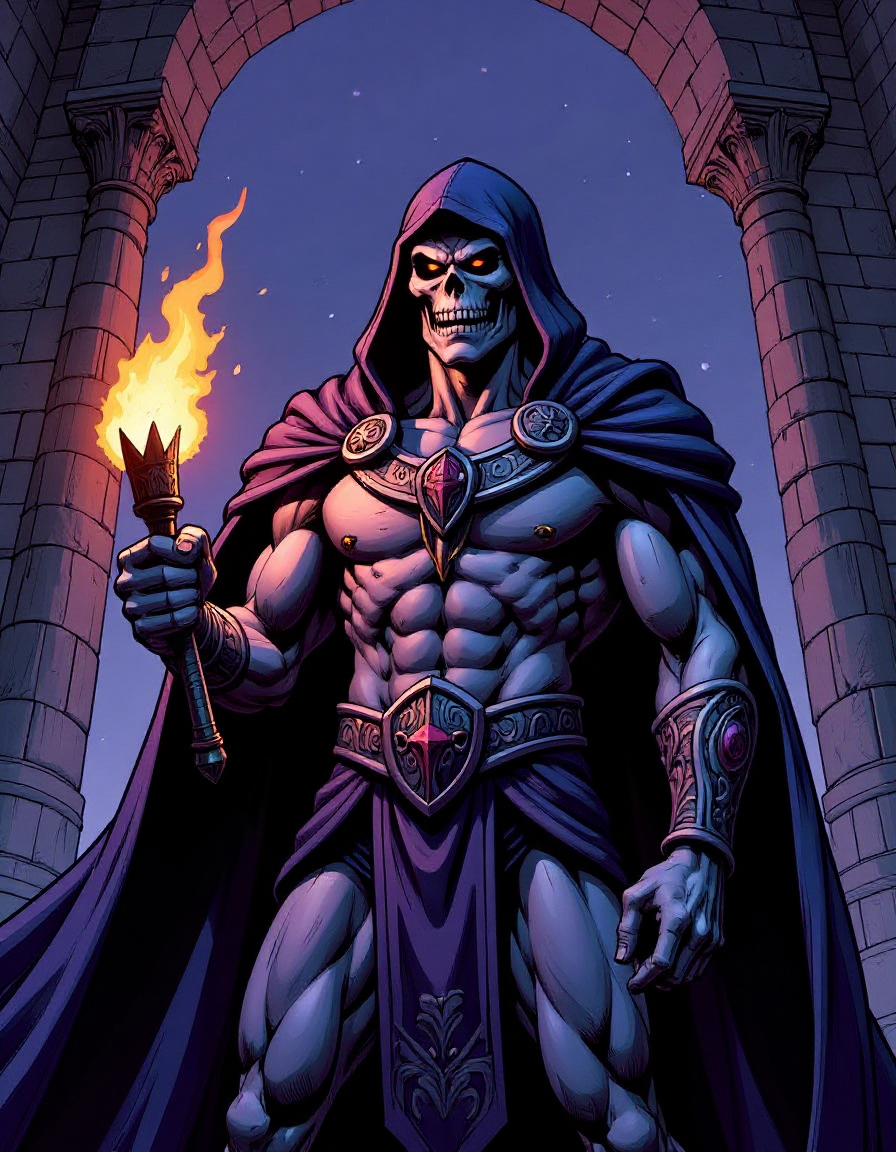 portrait of Skeletor from Masters of the Universe in his dark evil foreboding castle. Flickjering torchlight creates a menacing ambiance.