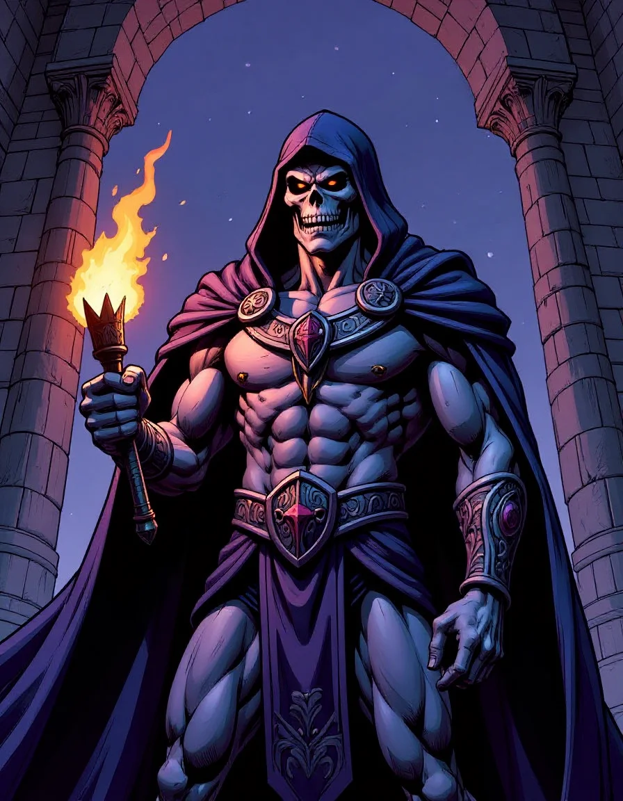 portrait of Skeletor from Masters of the Universe in his dark evil foreboding castle. Flickjering torchlight creates a menacing ambiance.