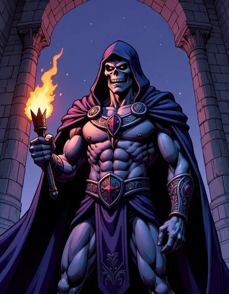 portrait of Skeletor from Masters of the Universe in his dark evil foreboding castle. Flickjering torchlight creates a menacing ambiance.