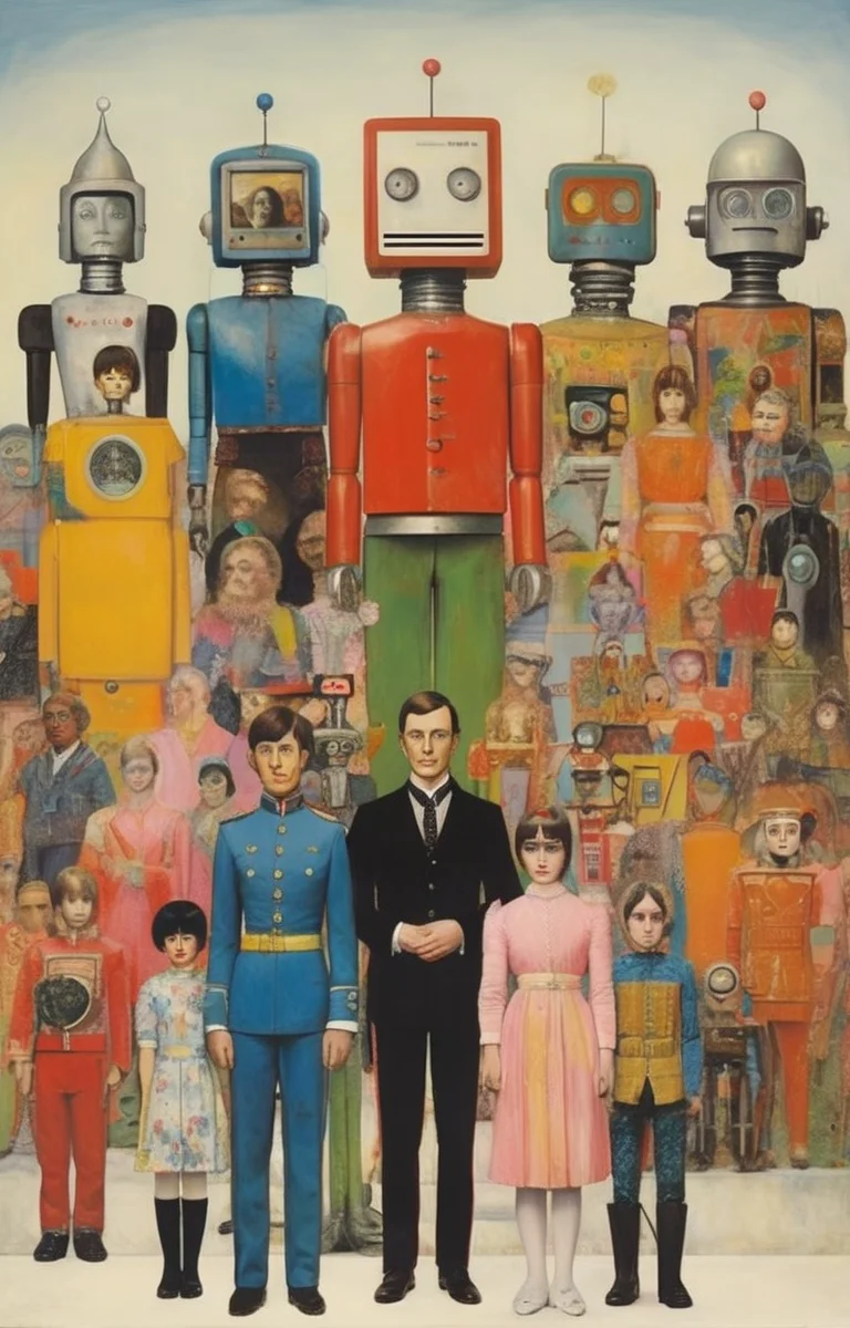 masterpiece,best quality,<lora:tbh284-sdxl:0.9>,illustration,style of Peter Blake portrait of Housework robots