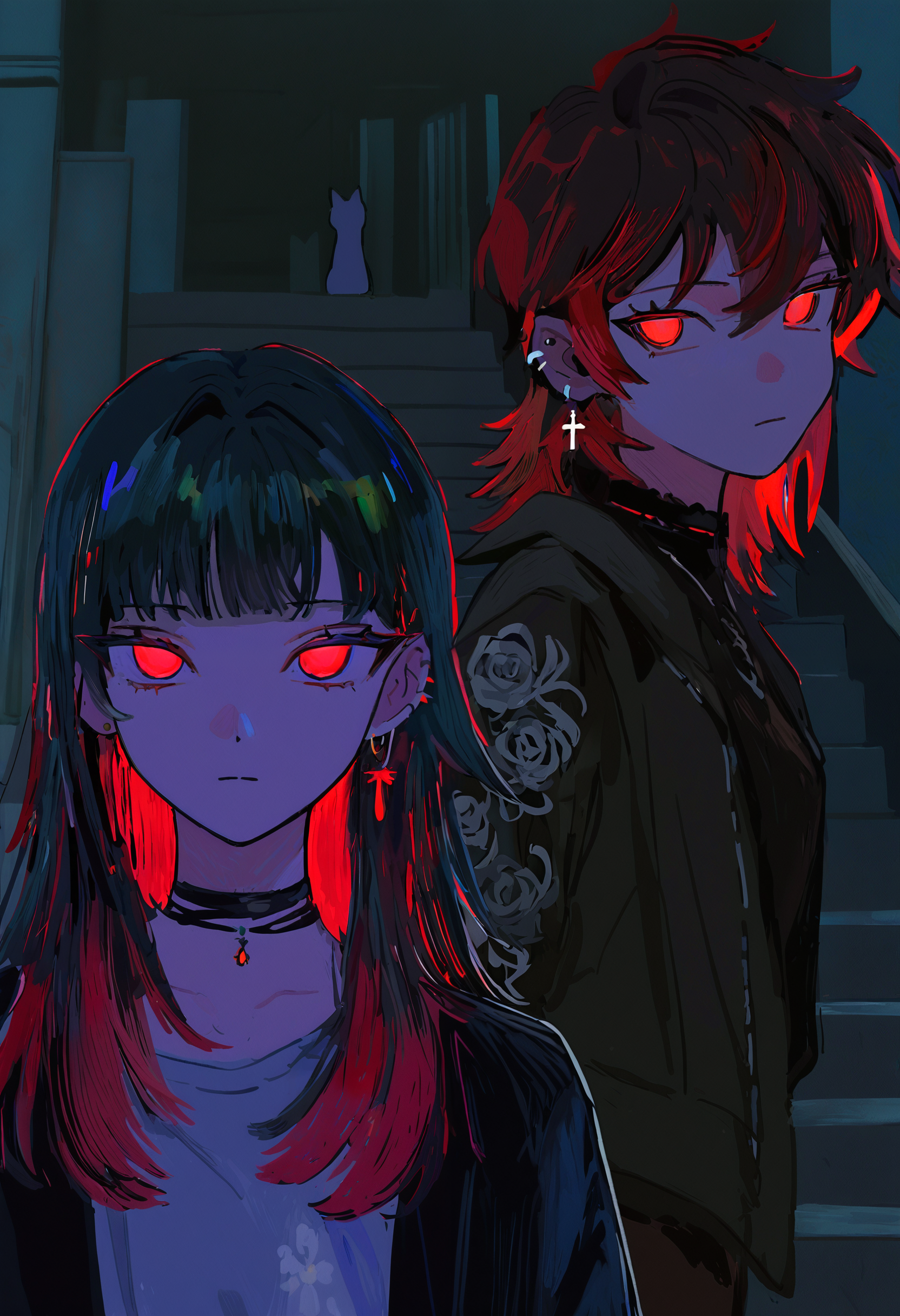 <lora:eXZvdG9ybw==-noobaiXLNAIXL_epsilonPred_V110_V1-CAME>, eXZv, black hair, looking at viewer, earrings, red eyes, jewelry, 2girls, multiple girls, cross, choker, glowing eyes, black choker, cross earrings, stairs, outdoors, glowing, medium hair, long hair, jacket, ear piercing, closed mouth, black jacket, red hair, piercing, shirt, dark, floral print, cat, multicolored hair