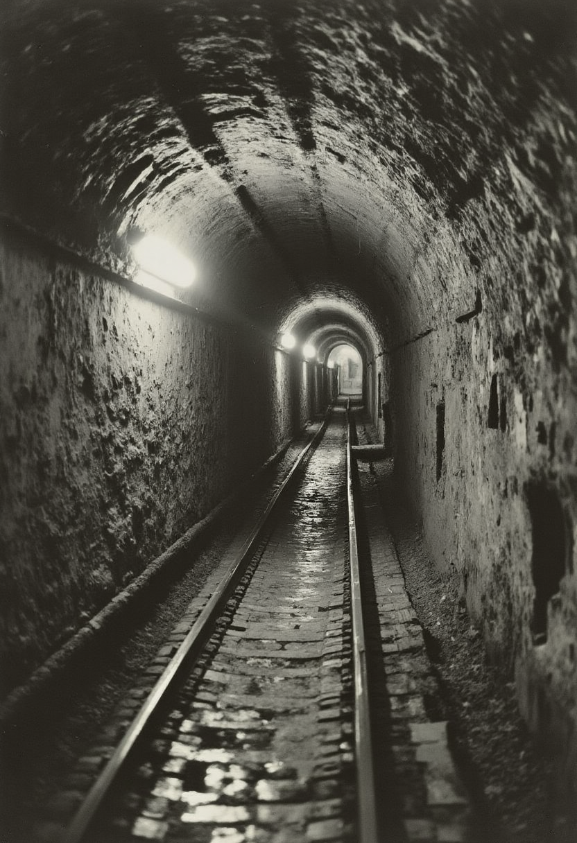 yfg-v1nt, (B&W, black, white, photography:1.1), (subterranean transport:1.2), eye level, masterpiece, intricate details, 8k.