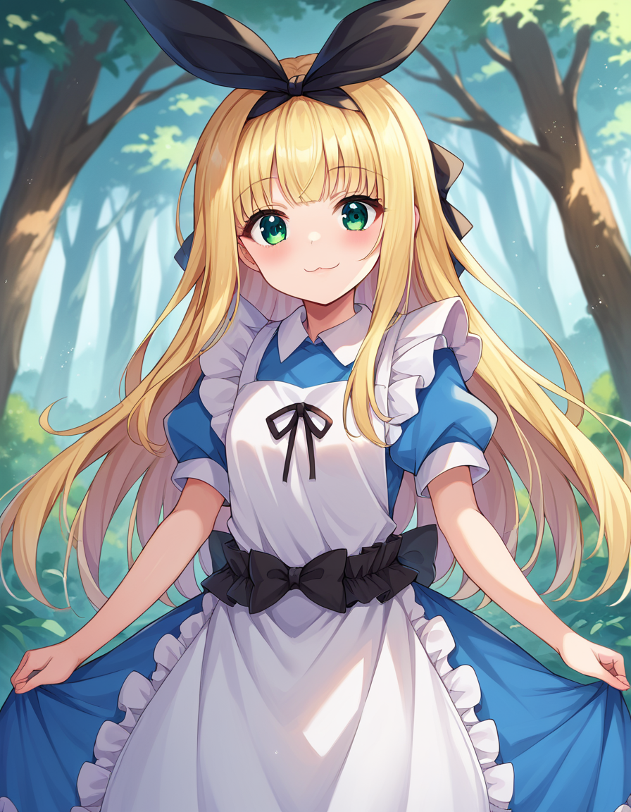 score_9, score_8_up, score_7_up, source_anime,
alicemononobe, <lora:alice-mononobe-ponyxl-lora-nochekaiser:1>
alice mononobe, animal ears, black hairband, blonde hair, bow, bow hairband, fake animal ears, green eyes, hairband, long hair, very long hair,
apron, blue dress, collared dress, dress, frilled dress, frills, white apron,
outdoors, forest, smile,
looking at viewer, cowboy shot, dutch angle, solo,