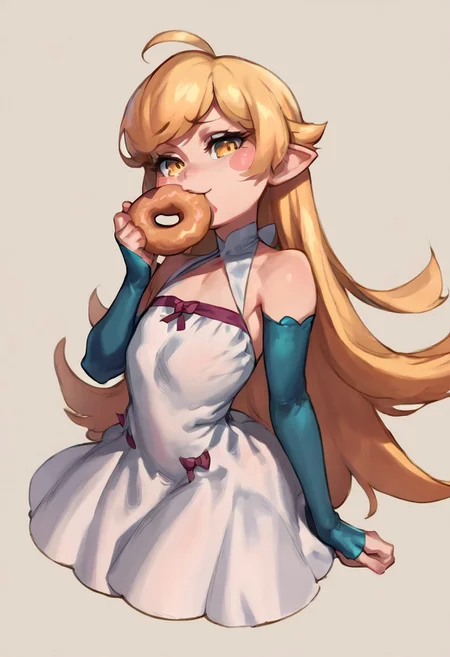 solo, 1 girl , yellow_eyes, blonde_hair, long_hair, flat_chest, pointy_ears, blush_stickers, white_dress , eating donut ,
zPDXL3 , score_9 , score_8 , score_7 , score_6_up , highly detailed ,
