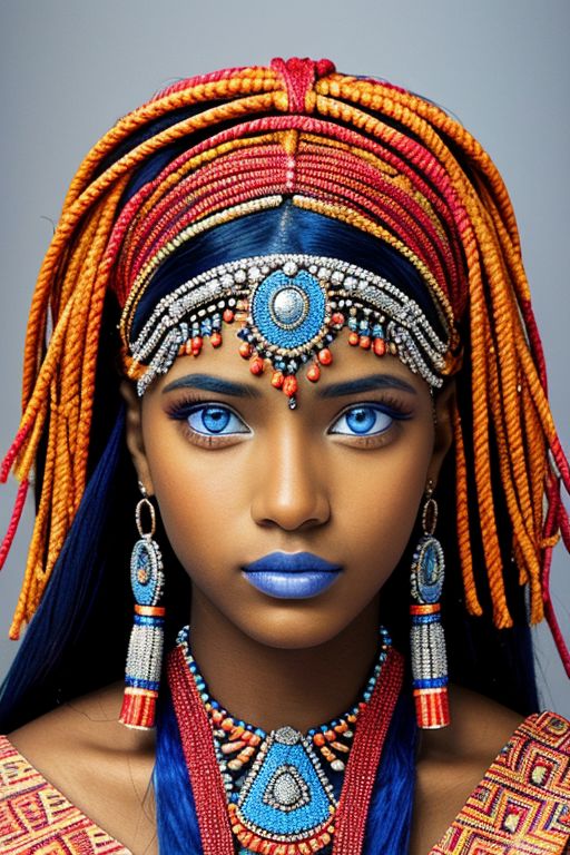 close-up photographic portrait of woman with strikingly vibrant blue-silver eyes. Supe shoulders showing. The face should, intricate, tribal-inspired art, patterns, reminiscent of beadwork and ceremonial embellishments, scheme, rich reds, oranges, blues --ar 2:3