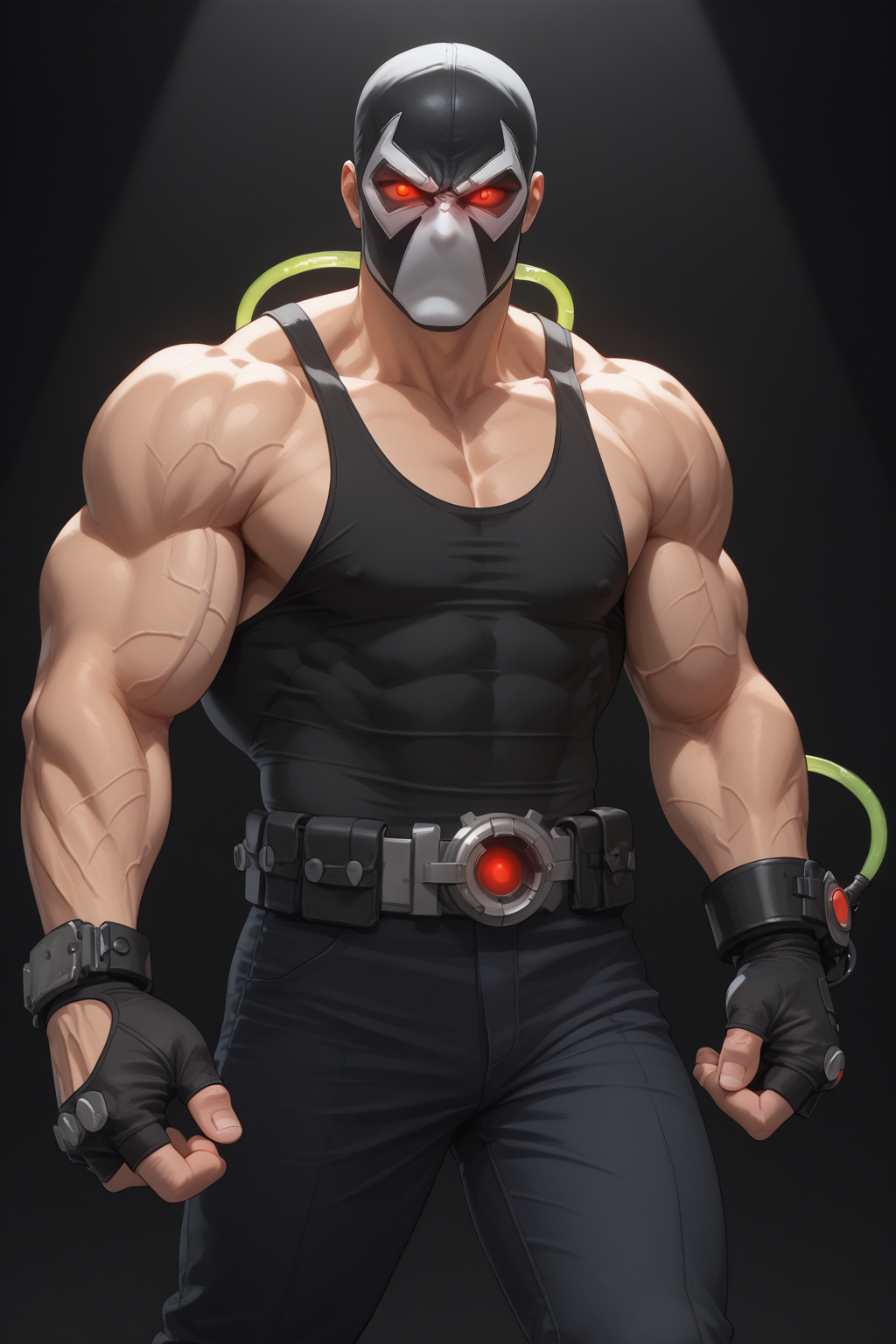 score_9, score_8_up, score_7_up, masterpiece, high quality, BREAK
 <lora:Bane DC ComicsPonyLoRA:1>bne, mask,red eyes, blank eyes, tube, cable, black tank top, veins, fingerless gloves, belt, pants, glowing, glowing eyes, black background, spotlight