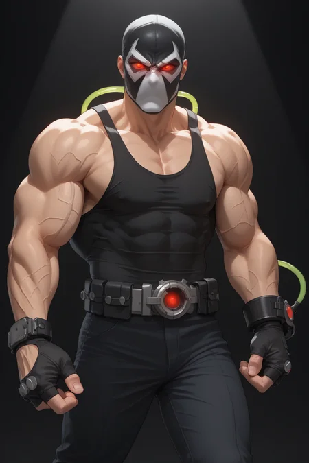 score_9, score_8_up, score_7_up, masterpiece, high quality, BREAK
 <lora:Bane DC ComicsPonyLoRA:1>bne, mask,red eyes, blank eyes, tube, cable, black tank top, veins, fingerless gloves, belt, pants, glowing, glowing eyes, black background, spotlight