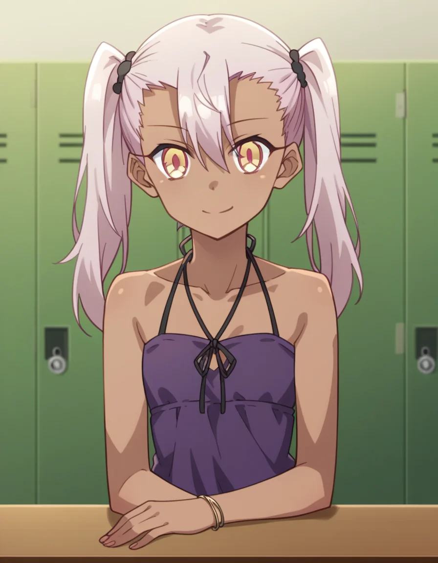 score_9, score_8_up, score_7_up, source_anime, <lora:chloe-von-einzbern-prisma-s2s3-ponyxl-lora-nochekaiser:1>,, chloe von einzbern, long hair, hair between eyes, yellow eyes, pink hair, dark skin, dark-skinned female,, twintails, dress, bare shoulders, collarbone, bracelet, halterneck, purple dress,, school hallway, lockers, between classes, everyday life, smile, looking at viewer, arm resting on table, solo,, cowboy shot, dutch angle