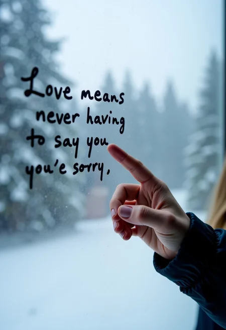 cinema poster style, A girl's hand traces her finger to write “Love means never having to say you're sorry.” on a fogged glass window, Snowy Forest Background, aidmatextimprover,