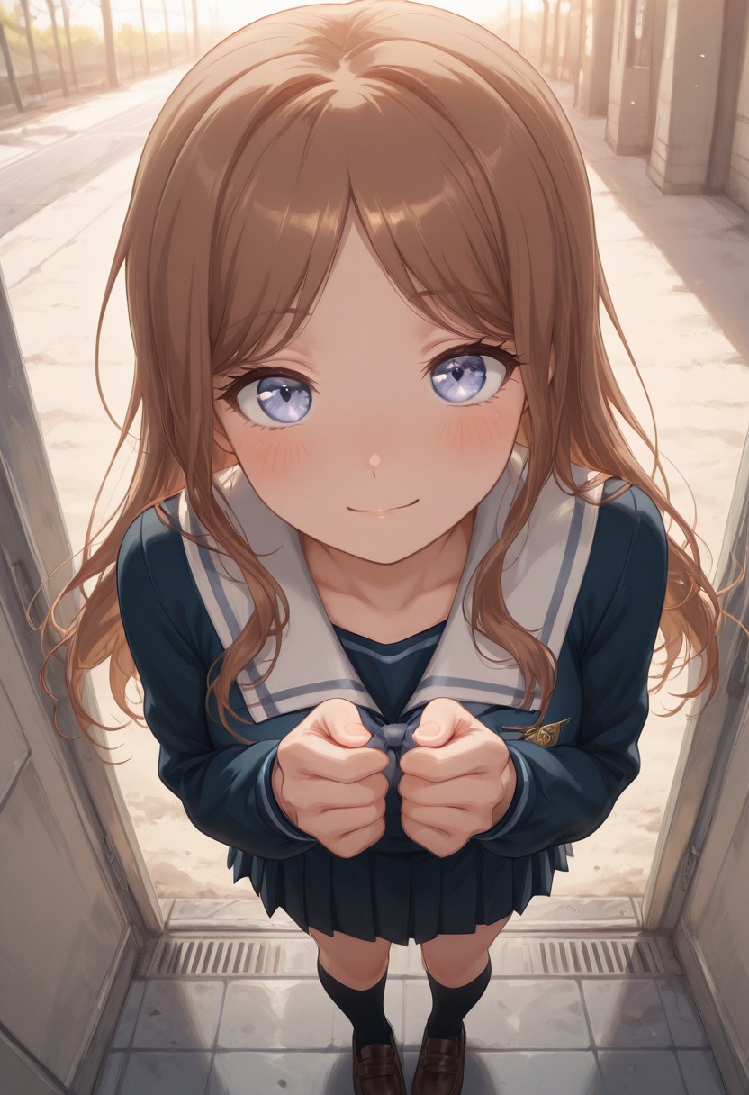 1girl, nagasakisoyo2, long hair, soyoshl2 pleated skirt, soyoshl2 serafuku, soyoshl2 kneehighs, loafers, perfect hand.  
soft pastel colors, warm atmosphere, gentle glow  
slight blush, big sparkling eyes, soft smile, warm background tones  
extreme aesthetic, masterpiece, absurdres, ultra-high resolution, 32K UHD, soft lighting, dreamy expression
