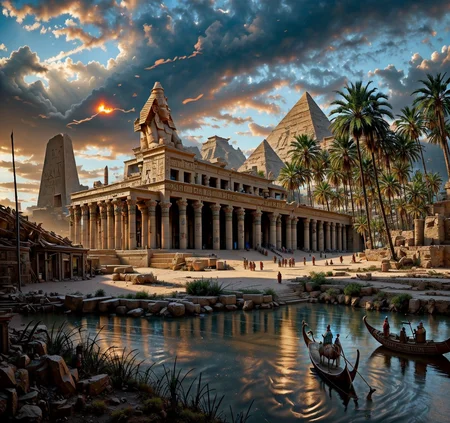 RAW photo, (masterpiece:1.3), subsurface scattering, heavy shadow, (high quality:1.4), (intricate, high detail:1.2), professional photography, HDR, High Dynamic Range, realistic, ultra realistic, photorealistic, high resolution, film photography, ambient lighting, atmospheric effects, <lora:detail_slider_v4:2>, OverallDetail, <lora:Stygia:1>, blue theme, boat, cape, cloudy sky, column, day, desert, dock, dusk, facing away, fire, glowing, grass, helmet, hieroglyphics, holding shield, holding staff, horseback riding, male focus, monk, mountain, multiple boys, outdoors, palm tree, river, ruins, scenery, sky, staff, standing, statue, stygia, sun, torch, town, water, watercraft