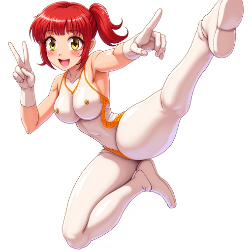 The image shows a dynamic and stylized illustration of a female character, nena_trinity, in an exaggerated pose. She has red hair, styled in a loose ponytail, and is wearing a form-fitting, white outfit with orange accents. The outfit is highly reflective, creating shiny highlights that emphasize her curves. The character is performing an acrobatic pose, lifting one leg high up in the air while making a peace sign with her fingers. She has a confident expression on her face, with wide, bright yellow eyes and a playful smile. The image has a strong emphasis on bold lines, vibrant colors, and exaggerated proportions, which are characteristic of certain anime and manga styles. The perspective is also exaggerated, with a focus on the character's leg and body, giving the image a dramatic and eye-catching effect.