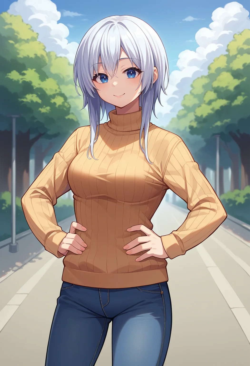 score_9, score_8_up, source_anime, 1girl, solo, HimejiShirayuki, medium hair, sidelocks, outdoors, sweater, ribbed sweater, jeans, hands on hips, smile, <lora:ChamHimejiShirayukiPonyXL:1>