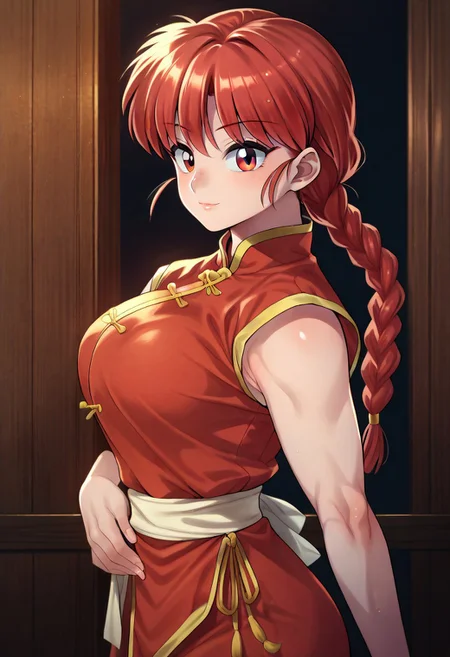 (zPDXL3), 
(zPDXLxxx), 
1girl, 
solo, 
ranma saotome, braid, red hair, single braid, braided ponytail, red eyes, medium breasts, 
pants, chinese clothes, tangzhuang, 
bust up,
side view, 
looking at viewer,