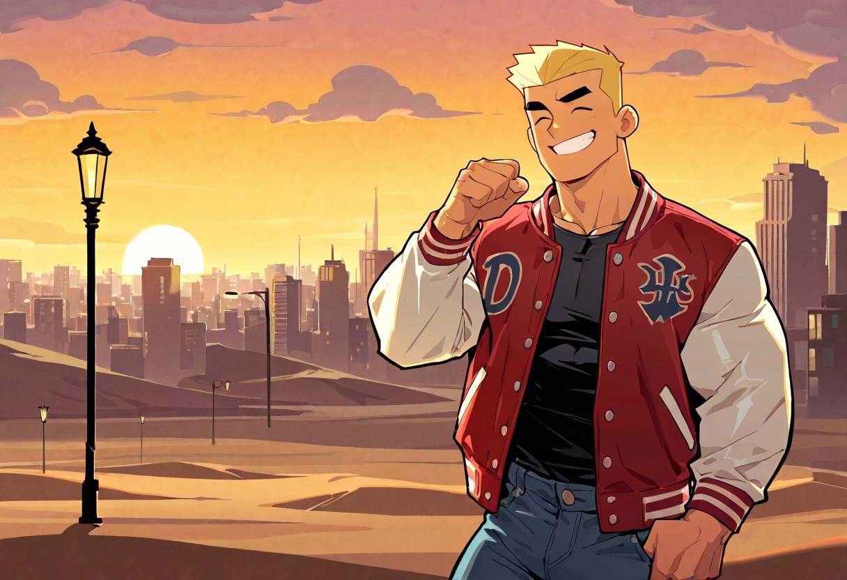 <lora:DASH:1.5>dash, solo, smile, short hair, shirt, blonde hair, long sleeves, 1boy, muscular, male, muscular, bara, standing, jacket, upper body, closed eyes, male focus, outdoors, open clothes, teeth, sky, pants, cloud, grin, open jacket, black shirt, ^_^, thick eyebrows, mature male, denim, building, meme, sunset, jeans, city, cityscape, lamppost, letterman jacket, scene reference, desert, hand up, red jacket, motion blur, film grain, abstract, natural lighting, fantasy, dynamic view, tilted angle, very awa, masterpiece, best quality, absurdres, newest, perfect quality, detailed background, (artist:fl \(l-fl\):0.7), (artist:tooboshoo:0.7), (artist:dizdoodz:0.8)